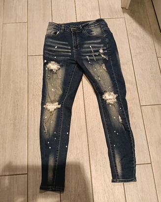 Jeans Denin Skinny con strappi e effetto vernice 