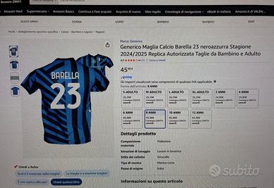 Maglietta Inter bambino 8 anni Barella