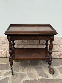 Carrello tavolino vintage in legno 2 ripiani ruote