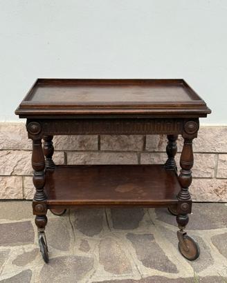 Carrello tavolino vintage in legno 2 ripiani ruote