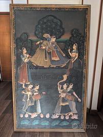 Grande dipinto indiano su stoffa Krishna e Radha