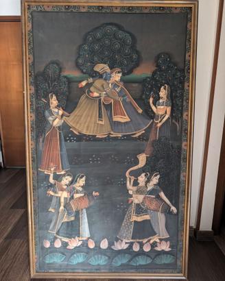 Grande dipinto indiano su stoffa Krishna e Radha