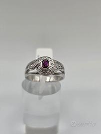 Anello Oro Bianco 18 Kt, Rubino e Diamanti