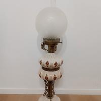 Antico lume ad olio in ceramica, vetro ed ottone 