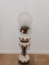 Antico lume ad olio in ceramica, vetro ed ottone 