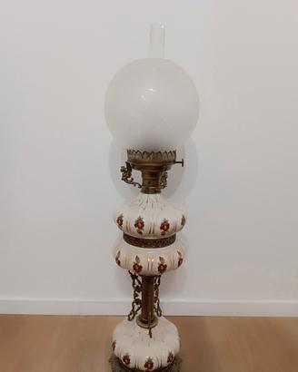Antico lume ad olio in ceramica, vetro ed ottone 