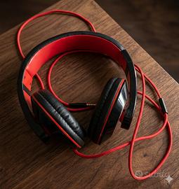 Cuffie Over-Ear Nero/Rosse con Cavo in Tessuto