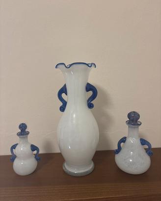 Set 3 Vasi Decorativi in Vetro Bianco e Blu