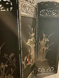 Antico paravento cinese in teack e seta