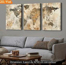 Trittico Quadri Moderni Planisfero Mappamondo 