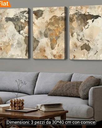 Trittico Quadri Moderni Planisfero Mappamondo 