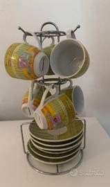 Set 6 tazzine da caffè con piattini e supporto