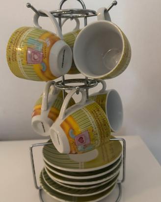Set 6 tazzine da caffè con piattini e supporto