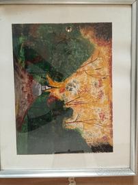 quadro con cornice paesaggio autunnale a tempera