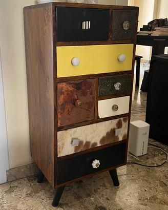 Cassettiera alta vintage patchwork in legno
