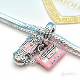 Charm argento 925 musica radio audiocassetta rosa