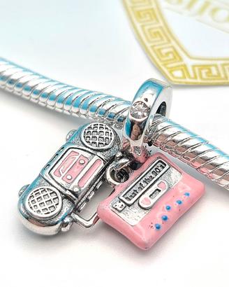Charm argento 925 musica radio audiocassetta rosa