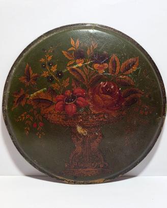 Antica Placca Tonda Metallo Vaso con fiori Ca 1900
