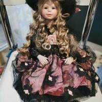 Bambola vintage porcellana abito pizzo nero 50 cm