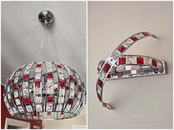 Lampadario + n.3 applique cristalli trasp. e rossi