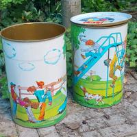 2 Bidoni fustino/sgabello in latta DIXAN, fine'70