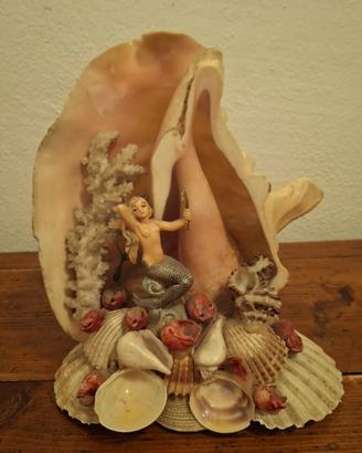 conchiglia con sirena e ramo di corallo bianco