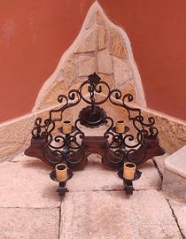 Lampadario a 4 luci in legno e ferro battuto 