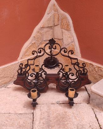 Lampadario a 4 luci in legno e ferro battuto 