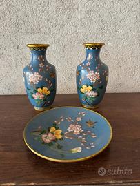 Set Cloisonné Cinese Vintage (2 Vasi + Piattino)