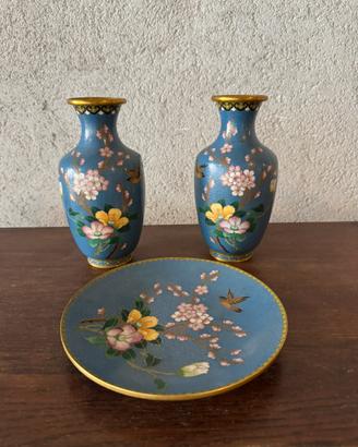 Set Cloisonné Cinese Vintage (2 Vasi + Piattino)