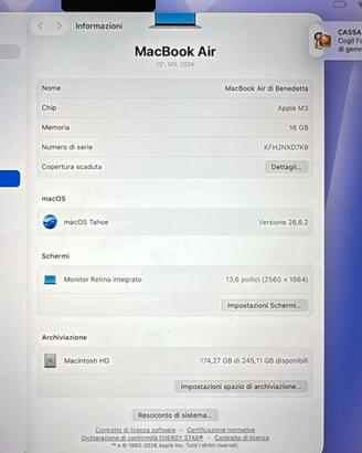 Apple MacBook Air 2024 13, M3, 16GB RAM 250 SSD