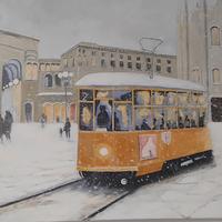 Dipinto a mano Tram Milano sotto la neve 80x60 cm 