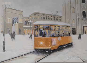 Dipinto a mano Tram Milano sotto la neve 80x60 cm 