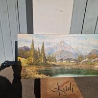 Dipinto olio su tela Lago con monti