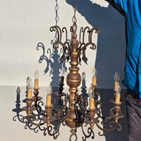 Lampadario antico in legno e metallo Anni 30