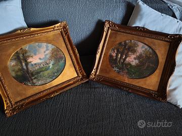 Coppia Quadri Ovali Quadro Paesaggio Romantico