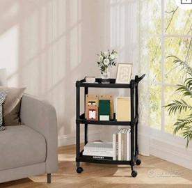 Carrello metallo nero, 3 piani vetro, ruote