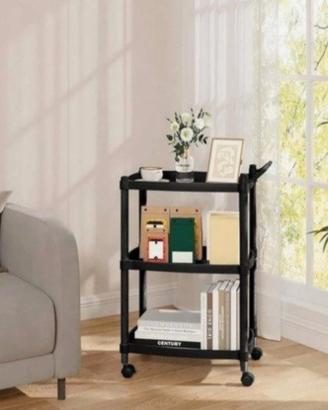 Carrello metallo nero, 3 piani vetro, ruote