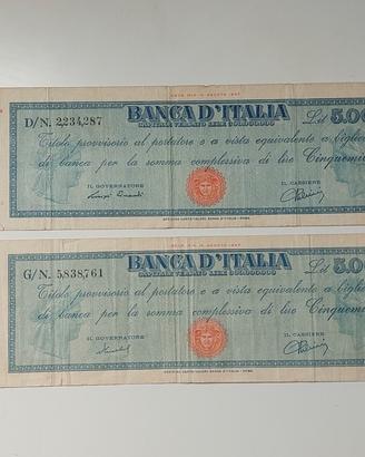 Coppia Titoli Provvisori 5000 Lire Banca d'Italia