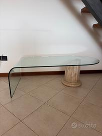 Tavolino in vetro con colonna in marmo