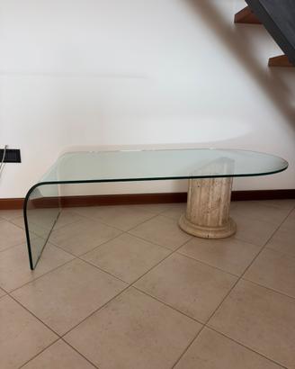 Tavolino in vetro con colonna in marmo