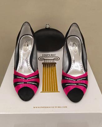 Scarpe eleganti da donna nero e rosa con borsetta