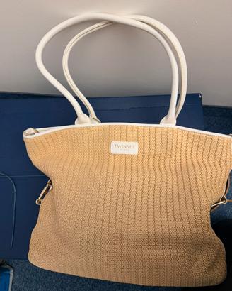 Borsa Twinset in rafia e pelle bianca