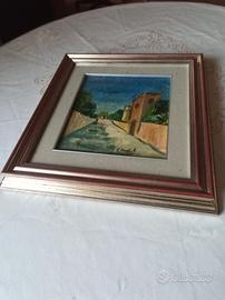 cornice legno e  dipinto olio su tavola vintage 