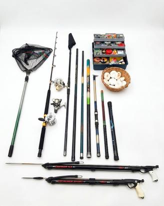 Attrezzatura da pesca. Canne, fucili, mulinelli 