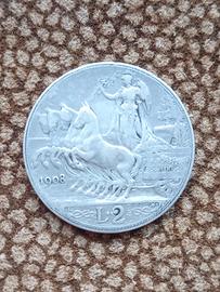Argento 2 lire 1908 Quadriga Veloce Regno d'Italia