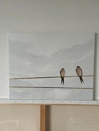 Quadro minimal neutro, linee oro e rondini 40x50cm