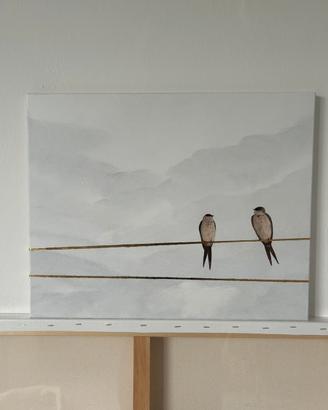 Quadro minimal neutro, linee oro e rondini 40x50cm