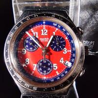 Swatch Irony Chrono Black Leather Band Red Dial