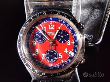 Swatch Irony Chrono Black Leather Band Red Dial